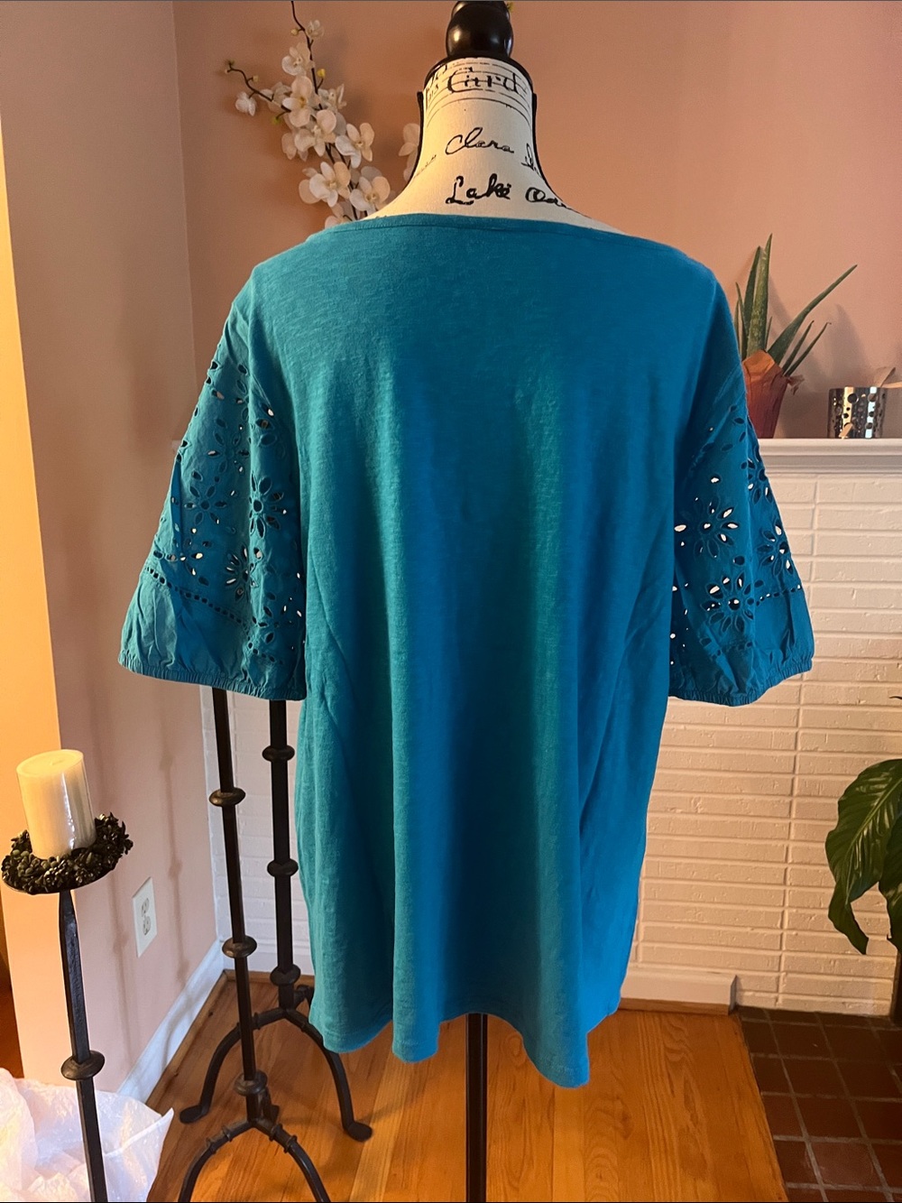 Talbots Teal Eyelet Scoop Neck Tee Shirt - Picture 4 of 6